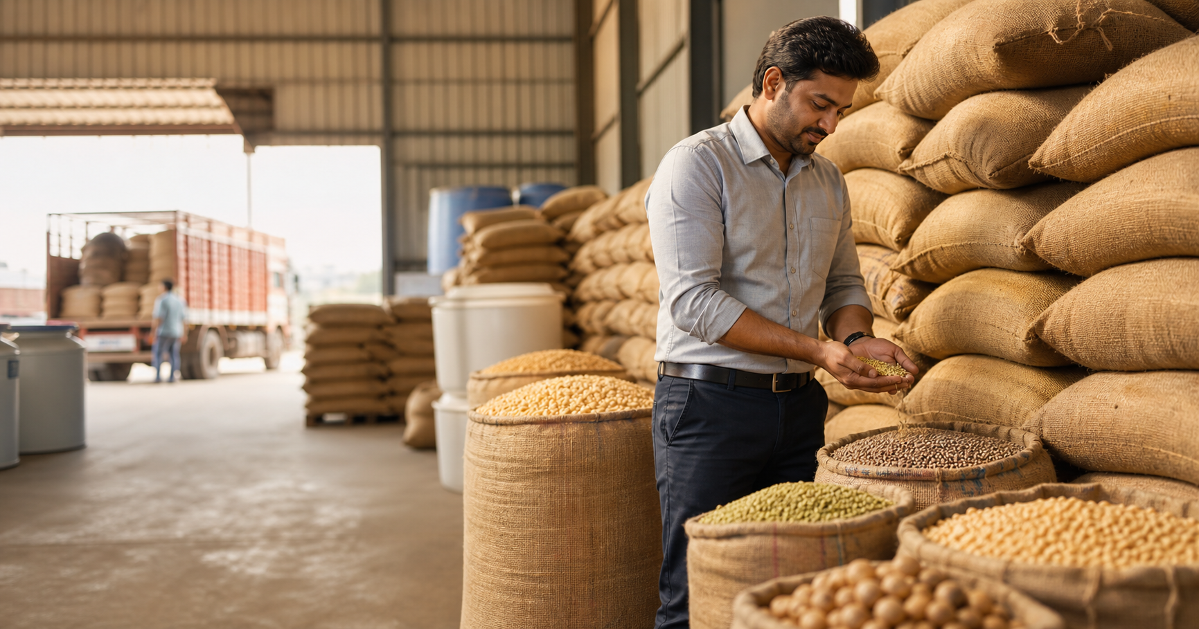 Agri-commodity professional inspecting grain quality in a warehouse